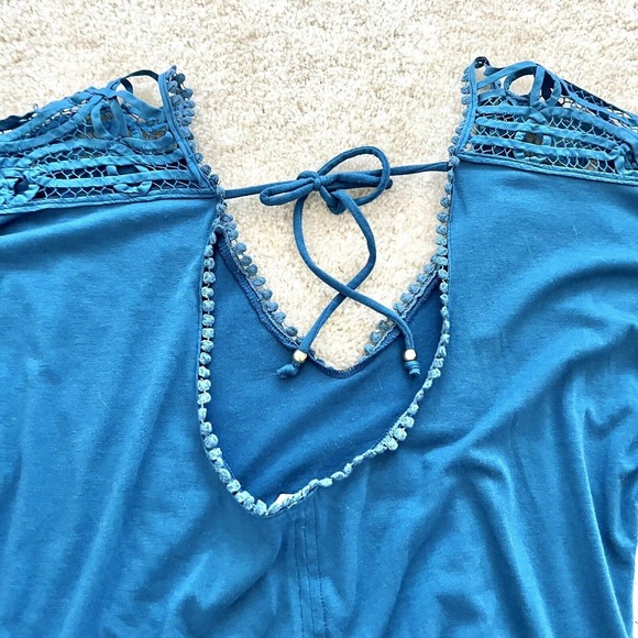 L Space Small Blue Romper Lace Shoulder V Neck Short Sleeve Mini Jumpsuit Shorts - Picture 10 of 14